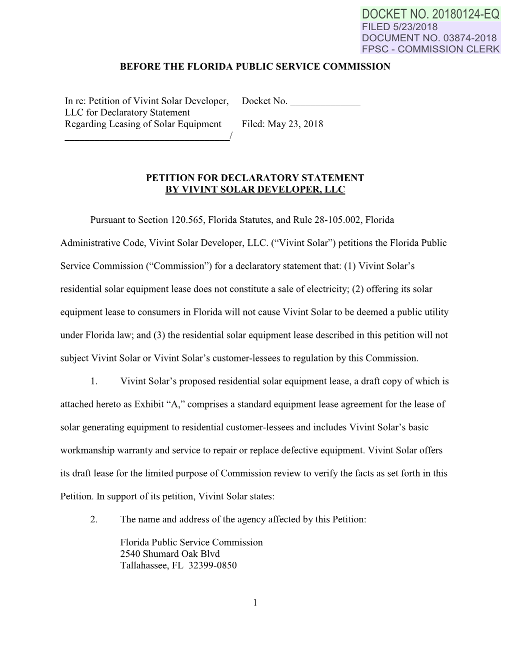 Petition of Vivint Solar Developer, LLC for Declaratory Statement Regardin