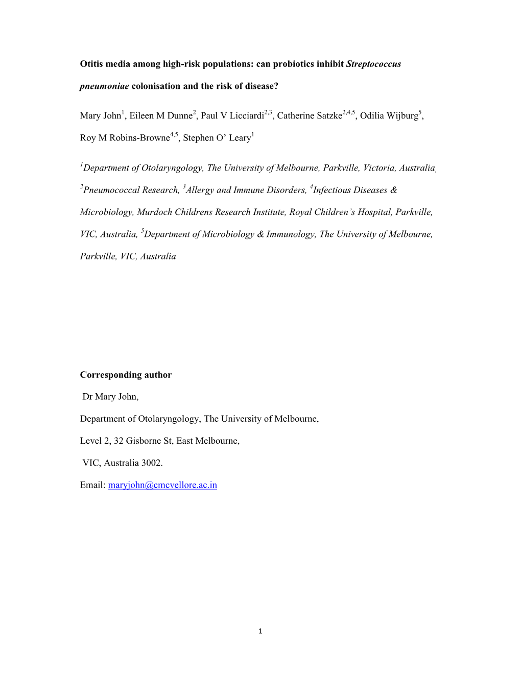 Otitis Media Among High-Risk Populations: Can Probiotics Inhibit Streptococcus Pneumoniae Colonisation and the Risk of Disease?