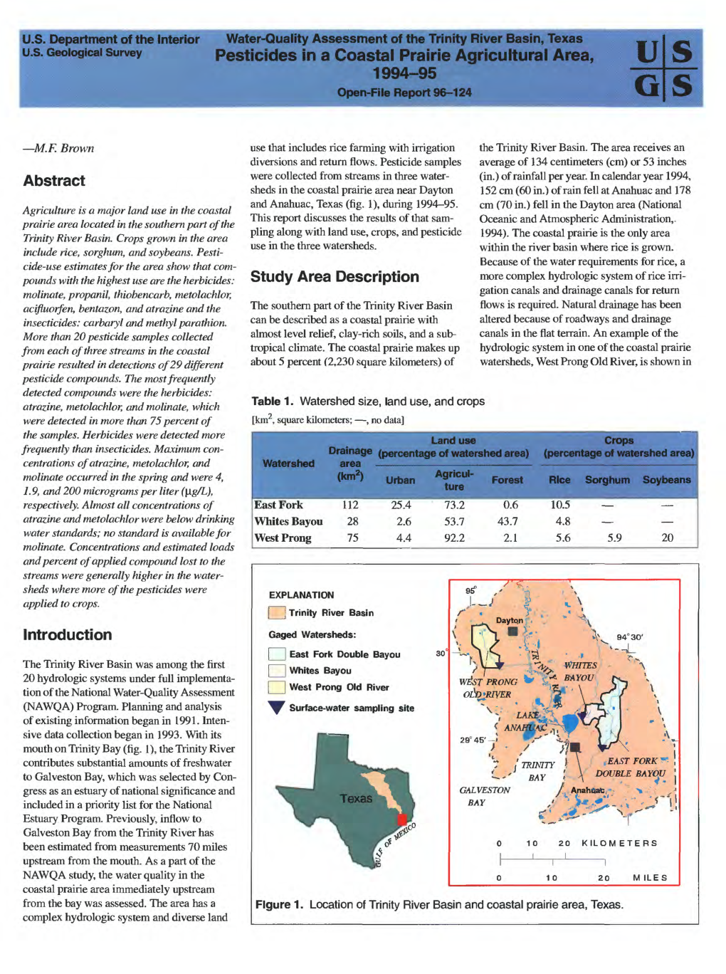 Pesticides in a Coastal Prairie Agricultural Area, 1994-95 Open-File Report 96-124