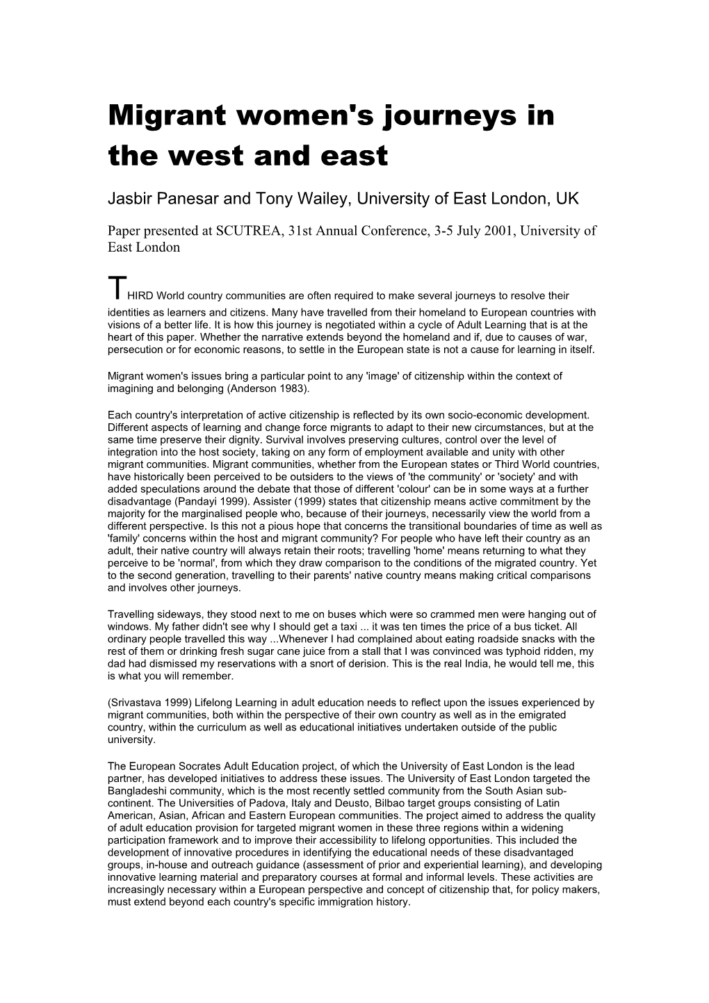 Migrant Women's Journeys in the West and East