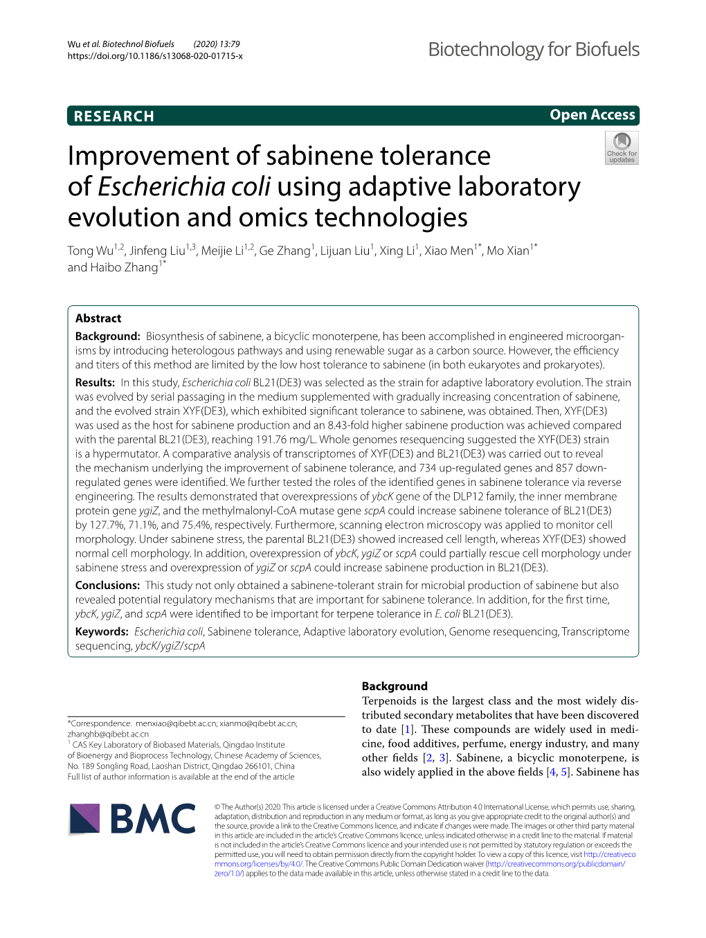 Improvement of Sabinene Tolerance of Escherichia Coli Using Adaptive