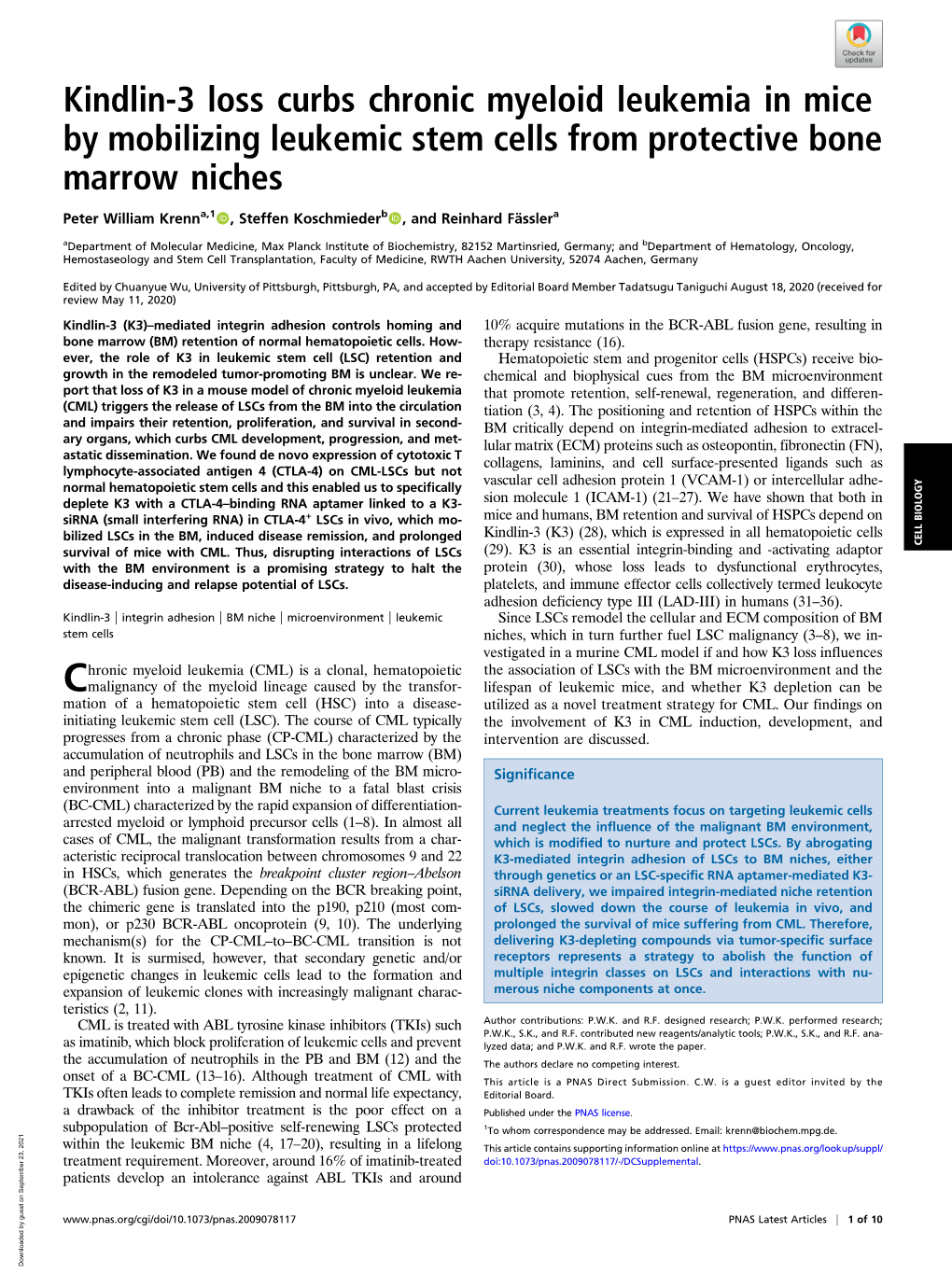 Kindlin-3 Loss Curbs Chronic Myeloid Leukemia in Mice by Mobilizing Leukemic Stem Cells from Protective Bone Marrow Niches