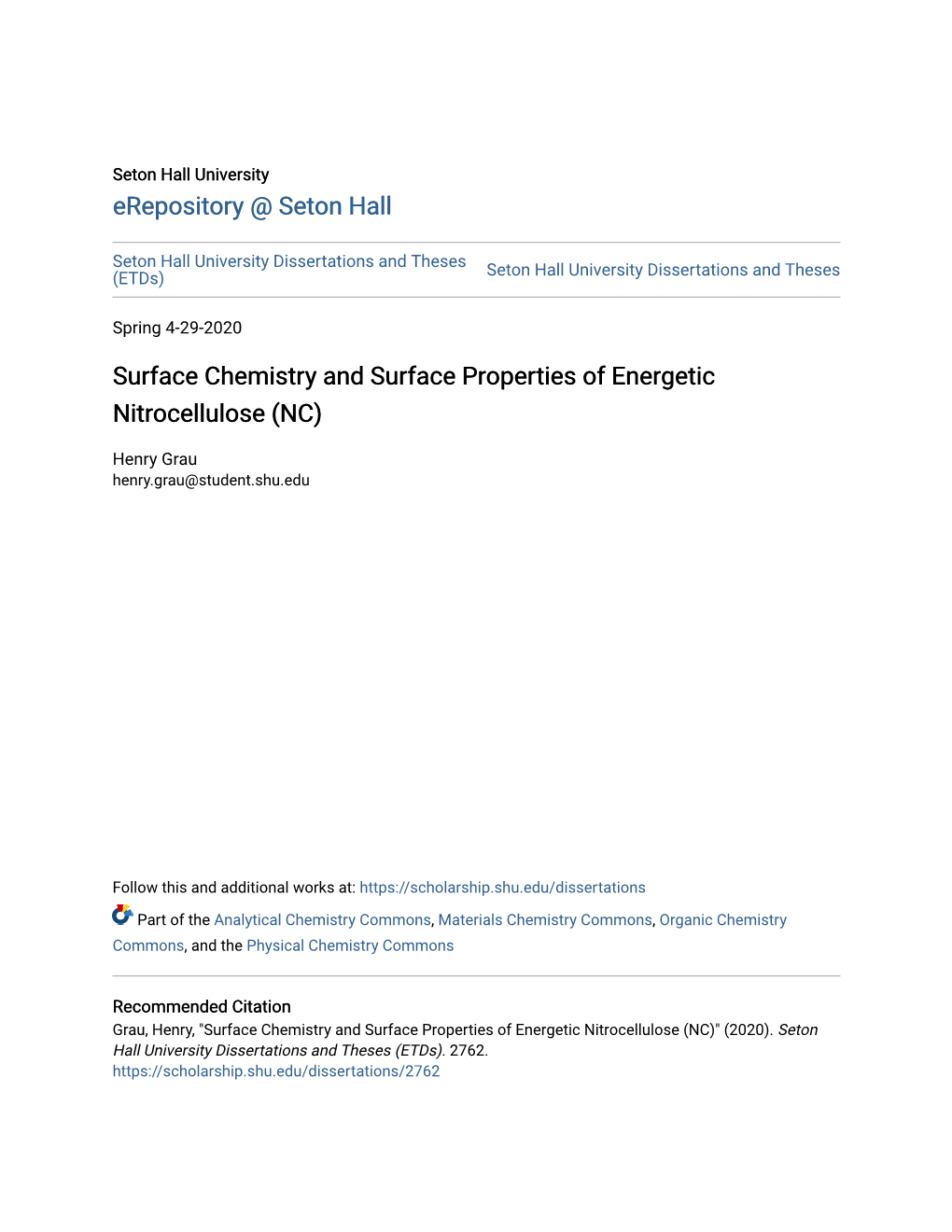 Surface Chemistry and Surface Properties of Energetic Nitrocellulose (NC)