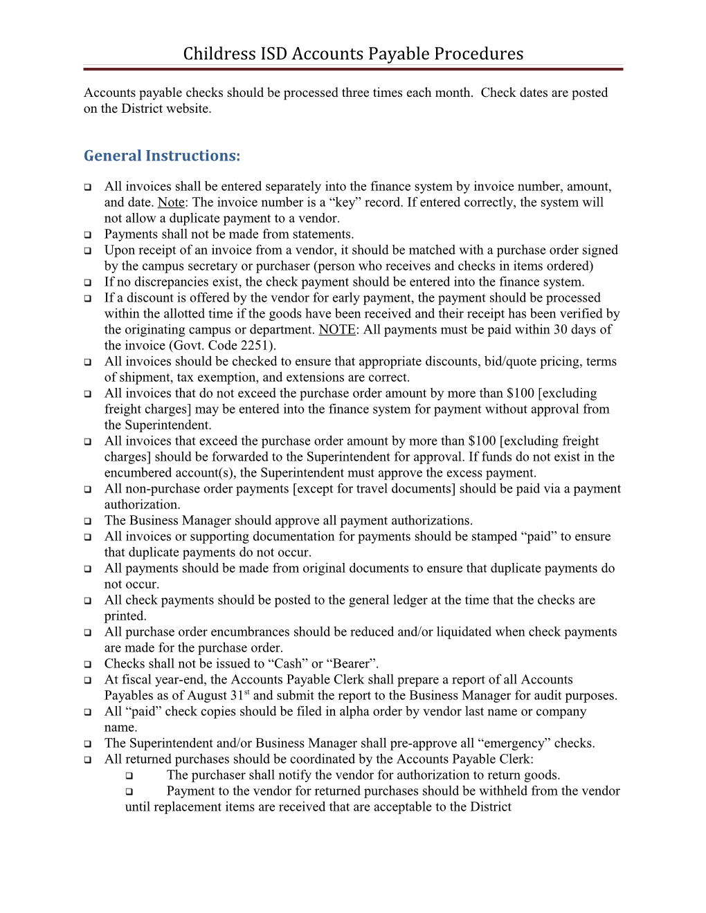 Childress ISD Accounts Payable Procedures