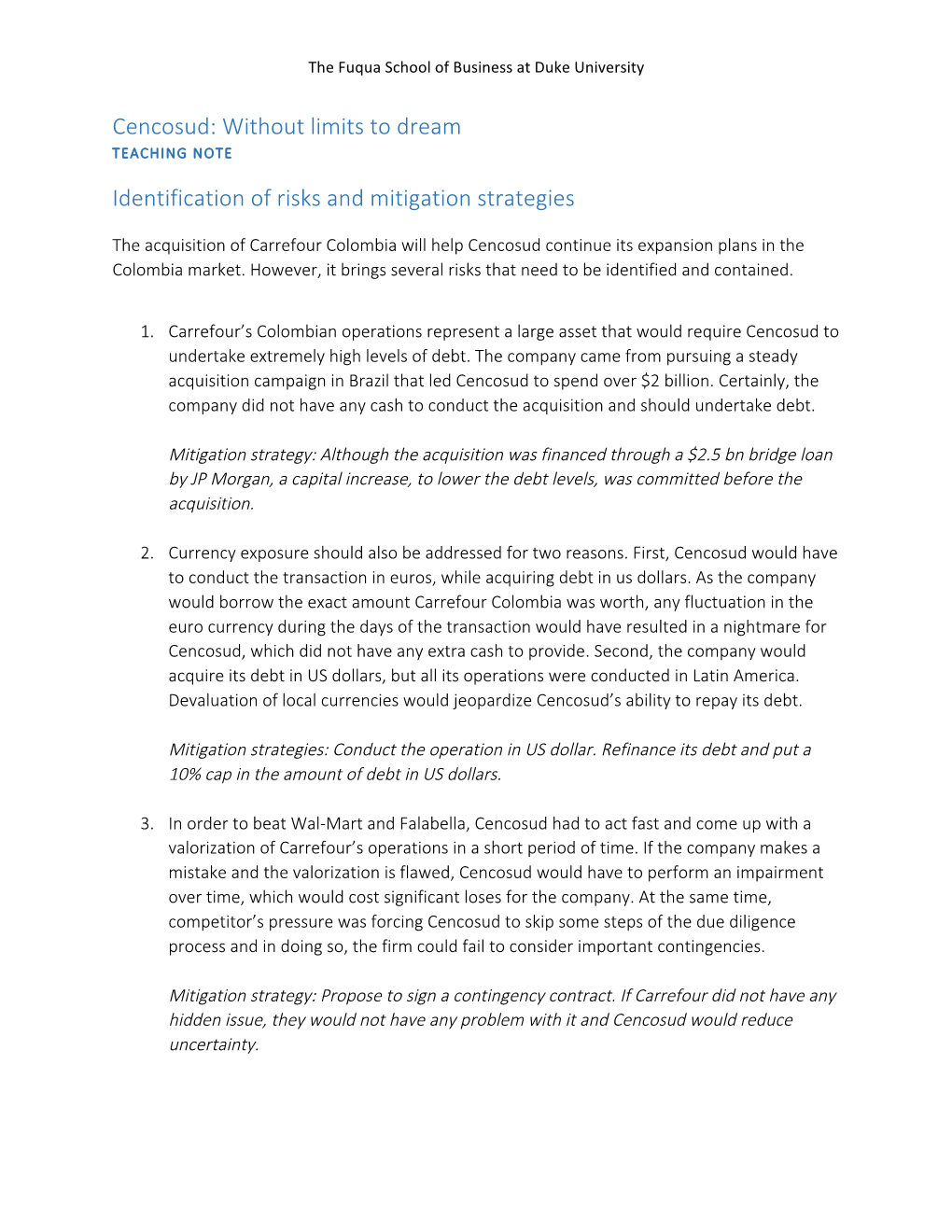 Cencosud: Without Limits to Dream TEACHING NOTE Identification of Risks and Mitigation Strategies