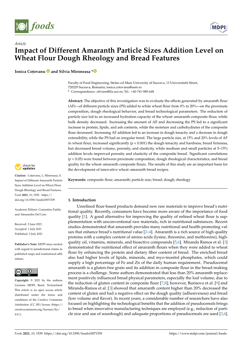 Impact of Different Amaranth Particle Sizes Addition Level on Wheat Flour Dough Rheology and Bread Features