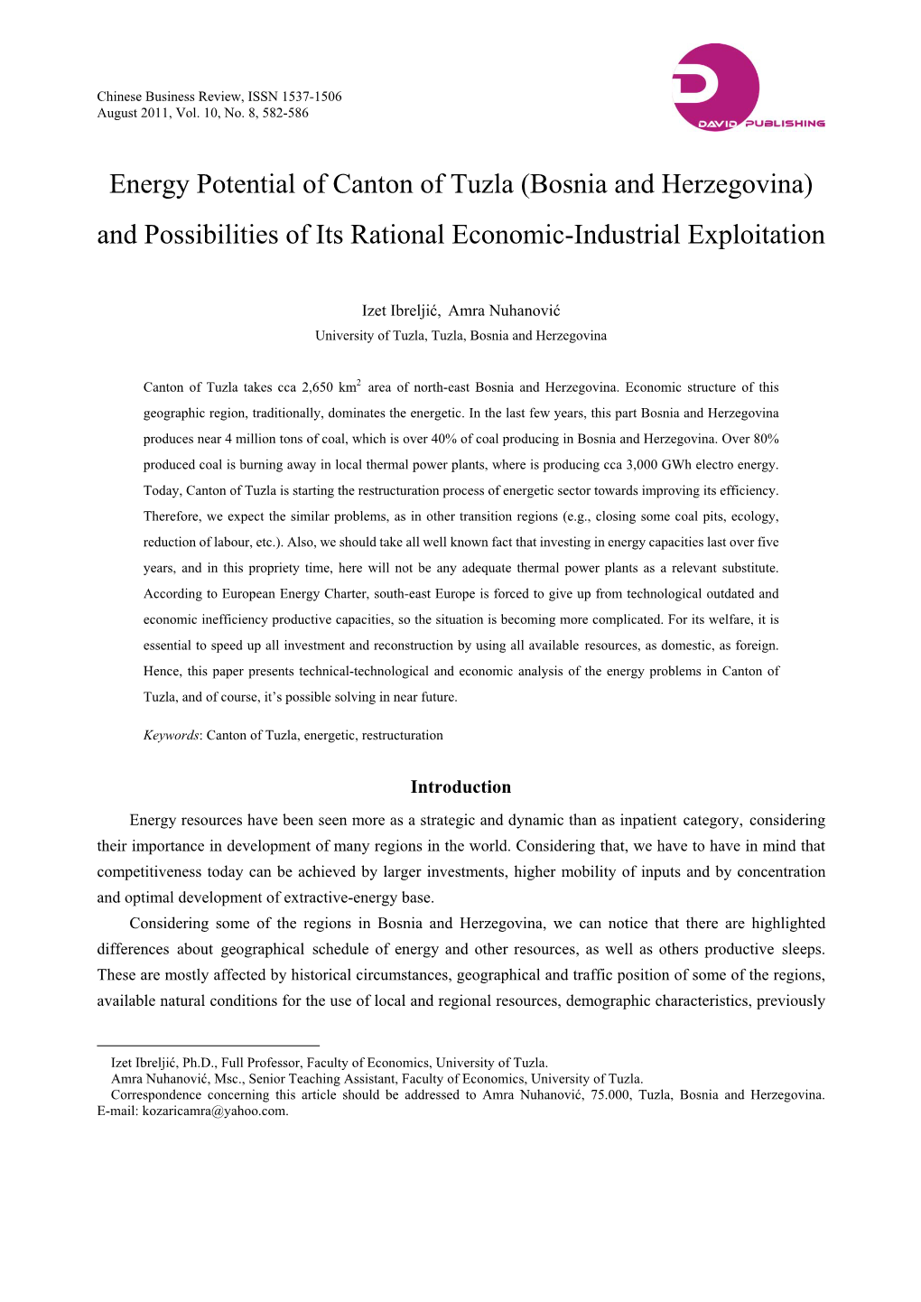 Energy Potential of Canton of Tuzla (Bosnia and Herzegovina) and Possibilities of Its Rational Economic-Industrial Exploitation
