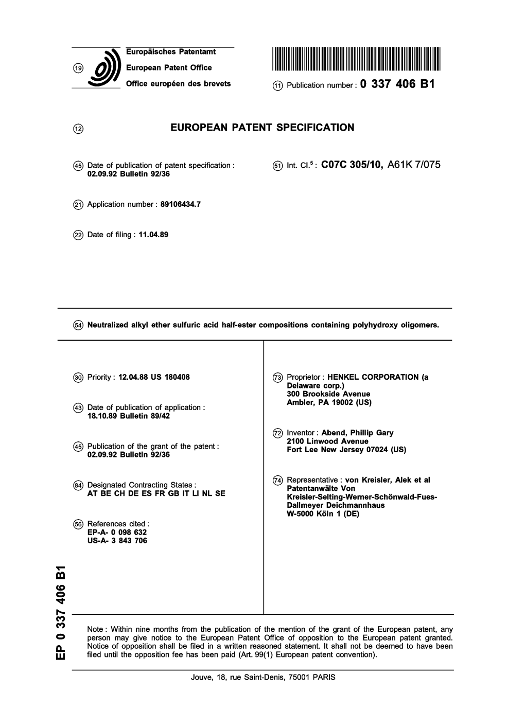 Neutralized Alkyl Ether Sulfuric Acid Half-Ester Compositions Containing