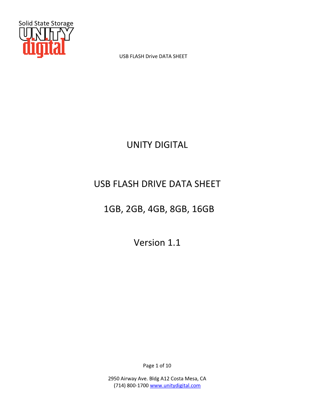 Unity Digital Usb Flash Drive Data Sheet 1Gb, 2Gb, 4Gb, 8Gb