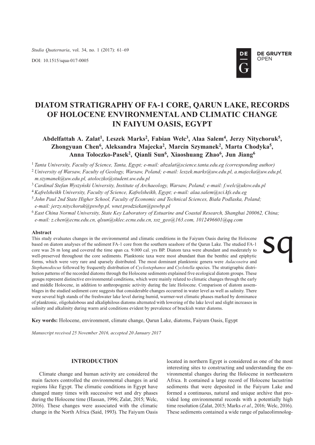 Diatom Stratigraphy of Fa-1 Core, Qarun Lake, Records of Holocene Environmental and Climatic Change in Faiyum Oasis, Egypt