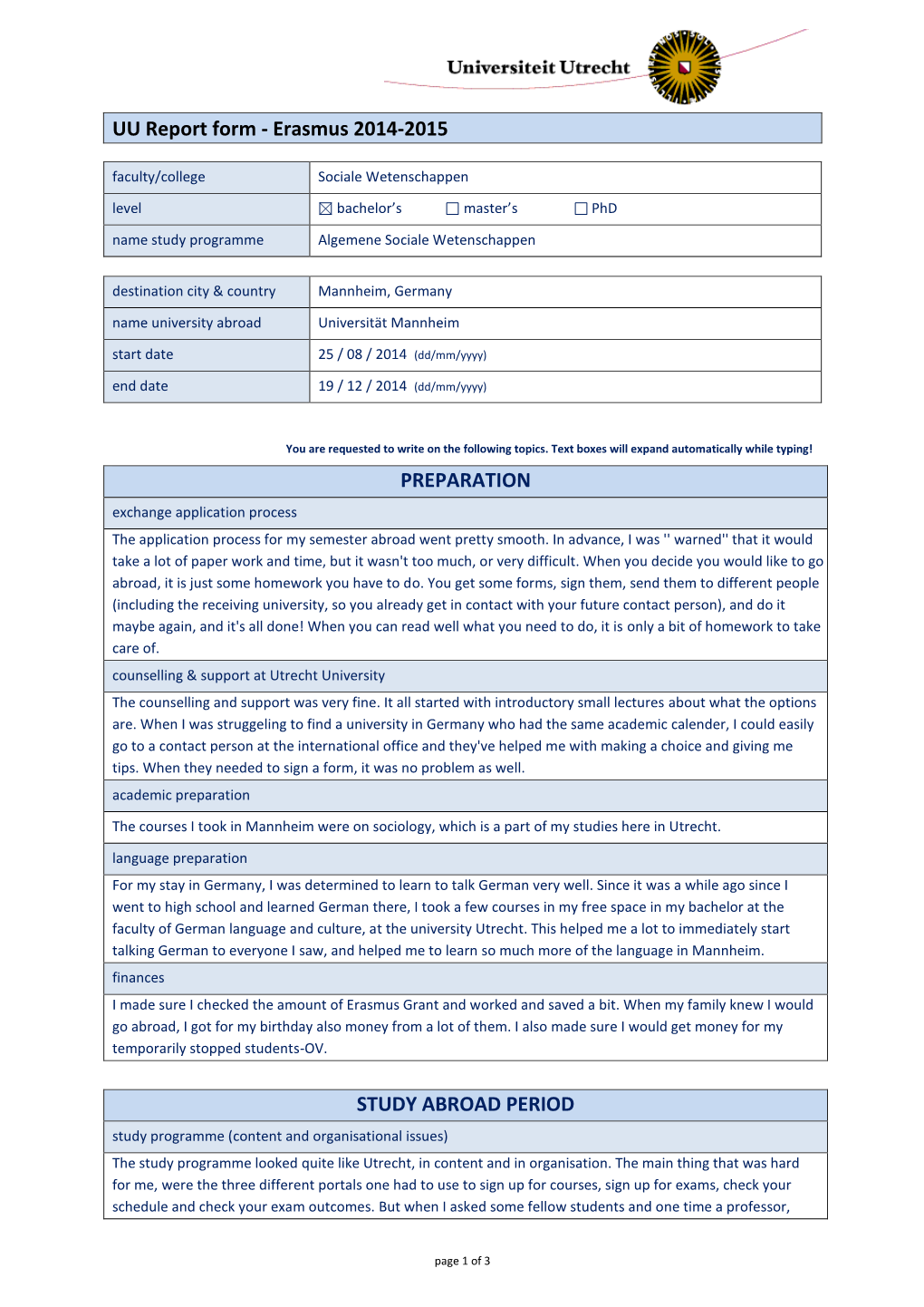 UU Report Form ~ Erasmus 2009-2010