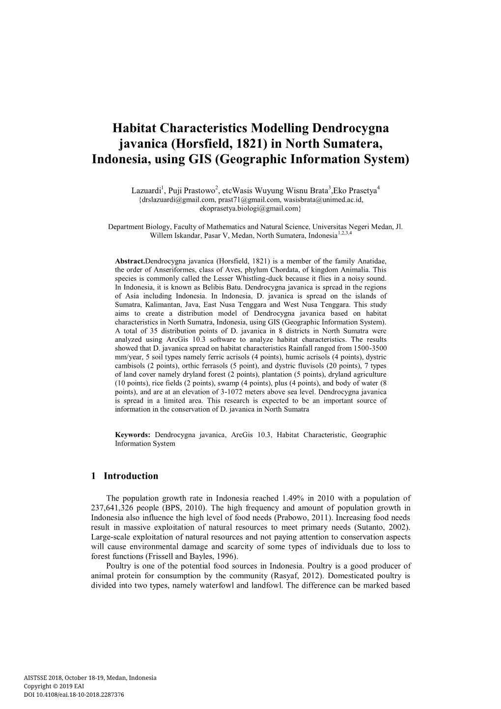 Habitat Characteristics Modelling Dendrocygna Javanica (Horsfield, 1821) in North Sumatera, Indonesia, Using GIS (Geographic Information System)