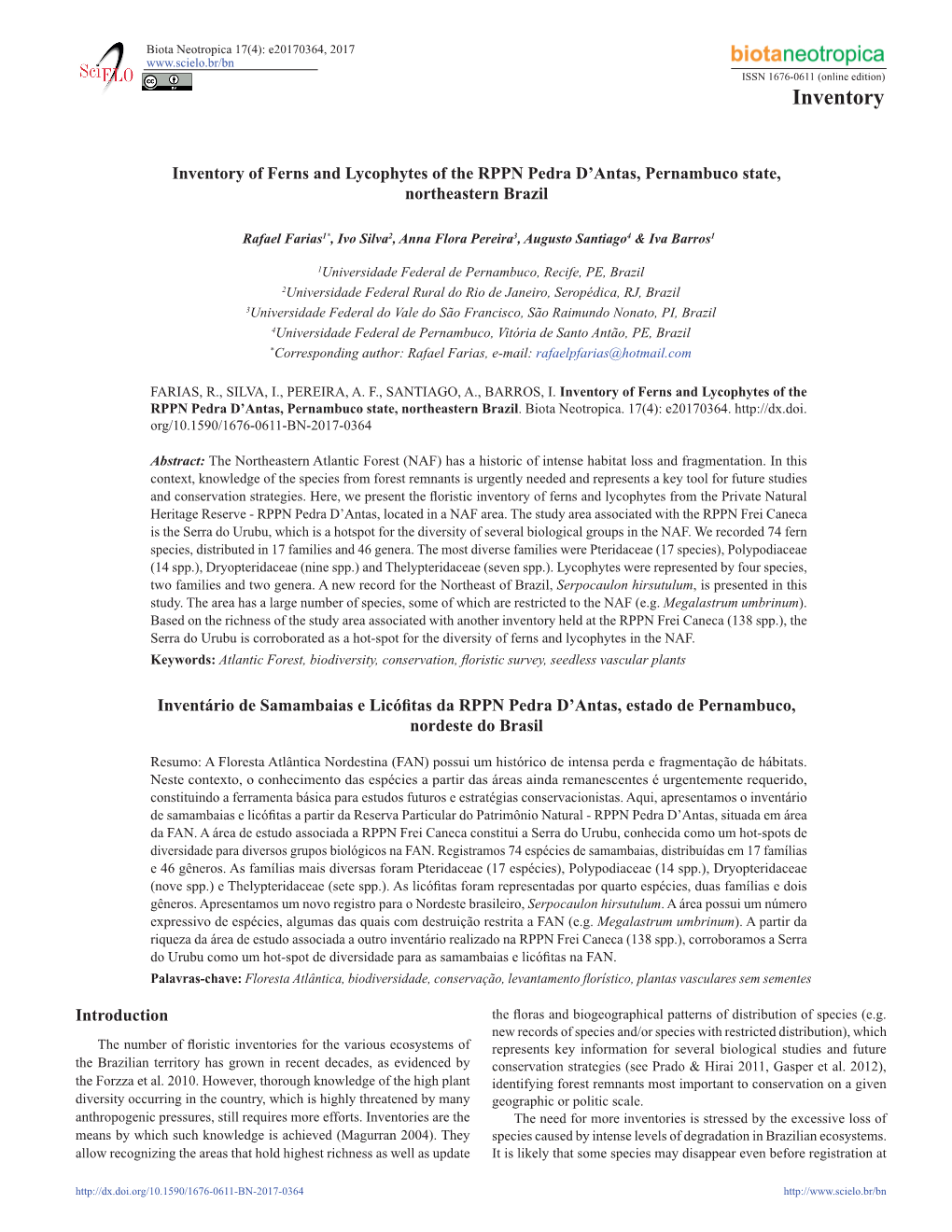 Inventory of Ferns and Lycophytes of the RPPN Pedra D'antas