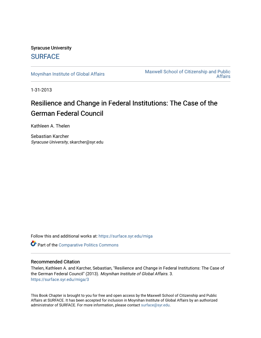 Resilience and Change in Federal Institutions: the Case of the German Federal Council