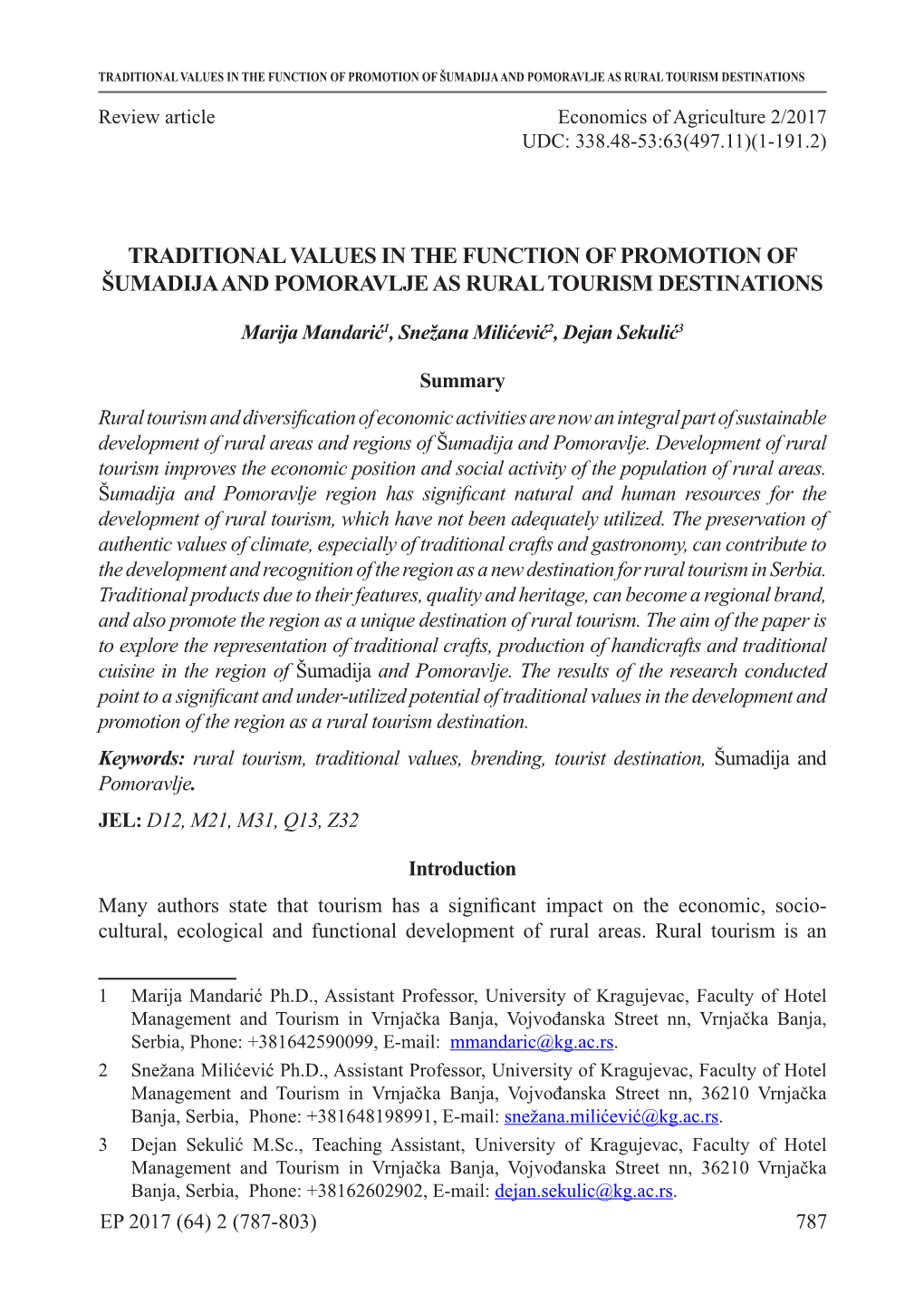 Traditional Values in the Function of Promotion of Šumadija and Pomoravlje As Rural Tourism Destinations