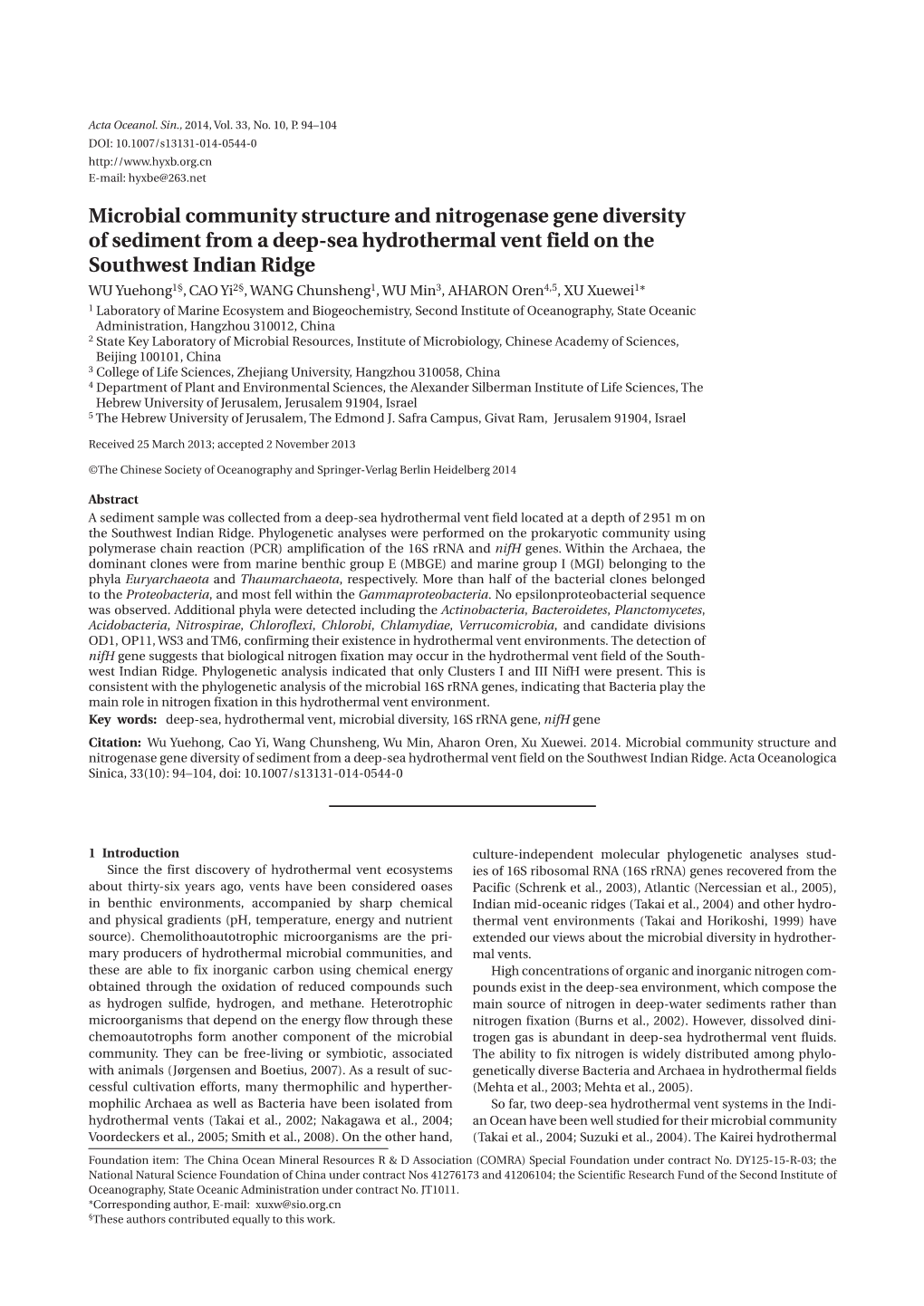 Microbial Community Structure and Nitrogenase Gene Diversity of Sediment from a Deep-Sea Hydrothermal Vent Field on the Southwes