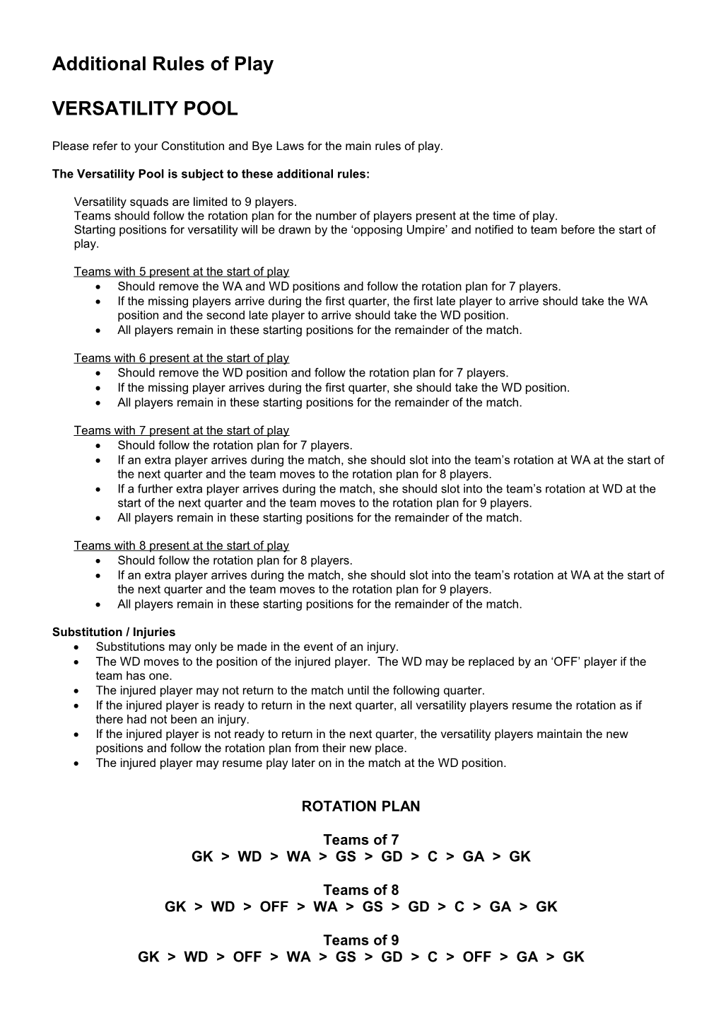 Ashford Adult Netball League Rules