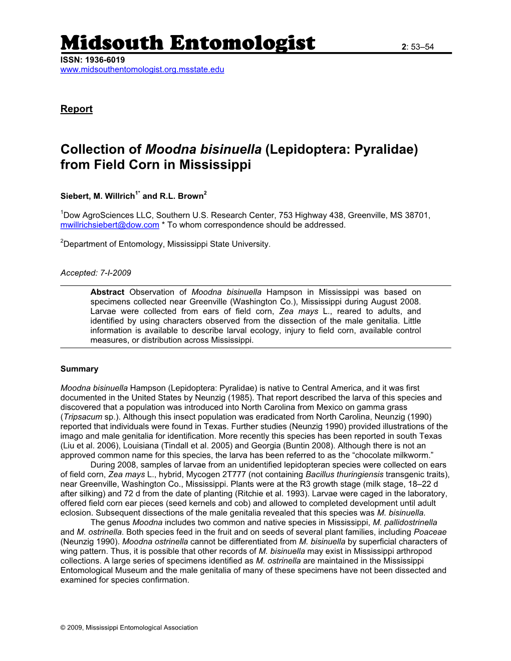 Moodna Bisinuella (Lepidoptera: Pyralidae) from Field Corn in Mississippi