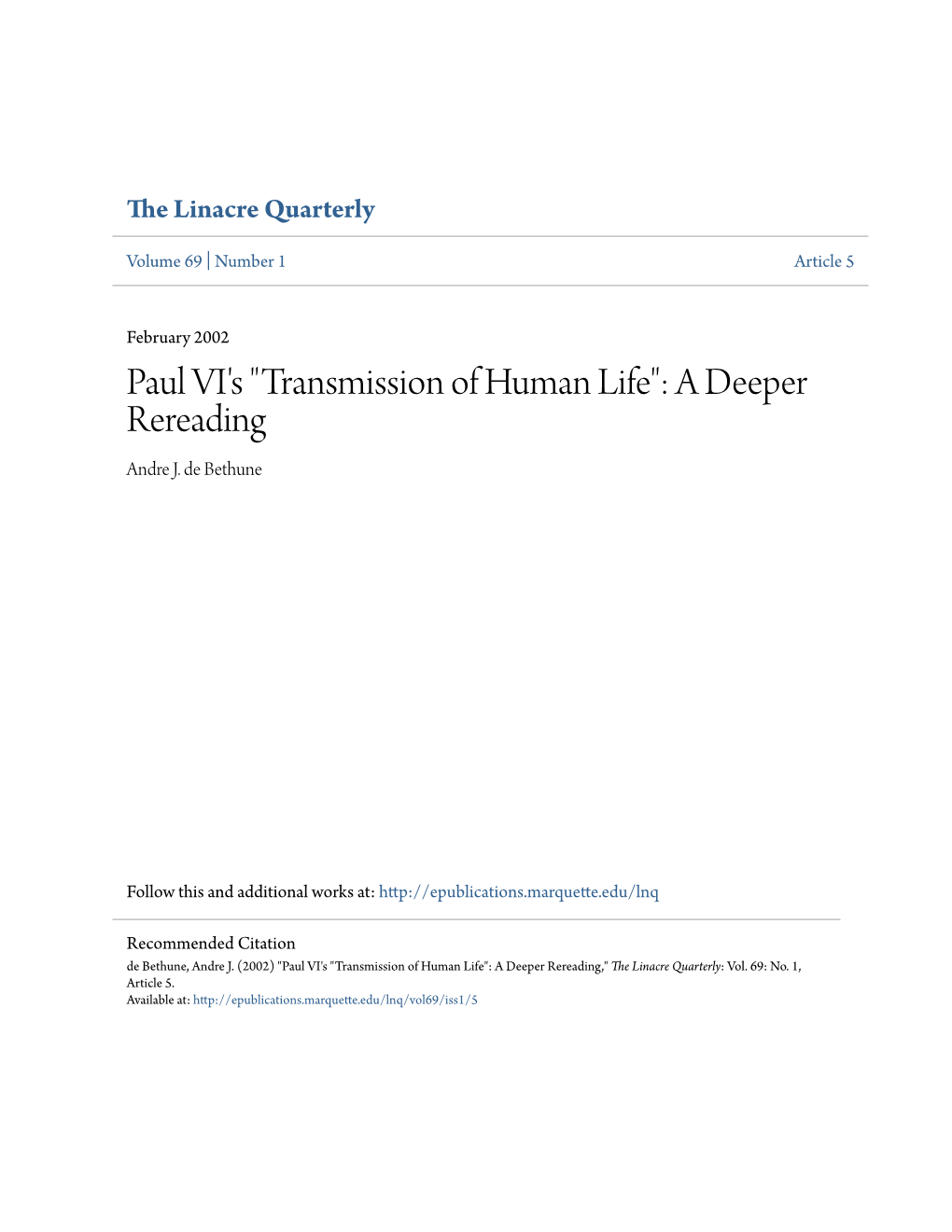 Transmission of Human Life": a Deeper Rereading Andre J