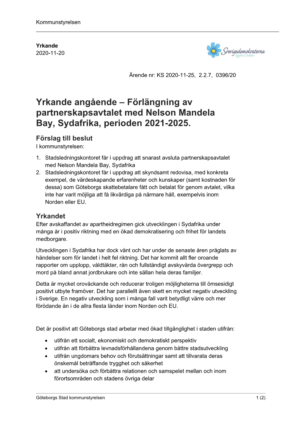 Yrkande Angående – Förlängning Av Partnerskapsavtalet Med Nelson Mandela Bay, Sydafrika, Perioden 2021-2025