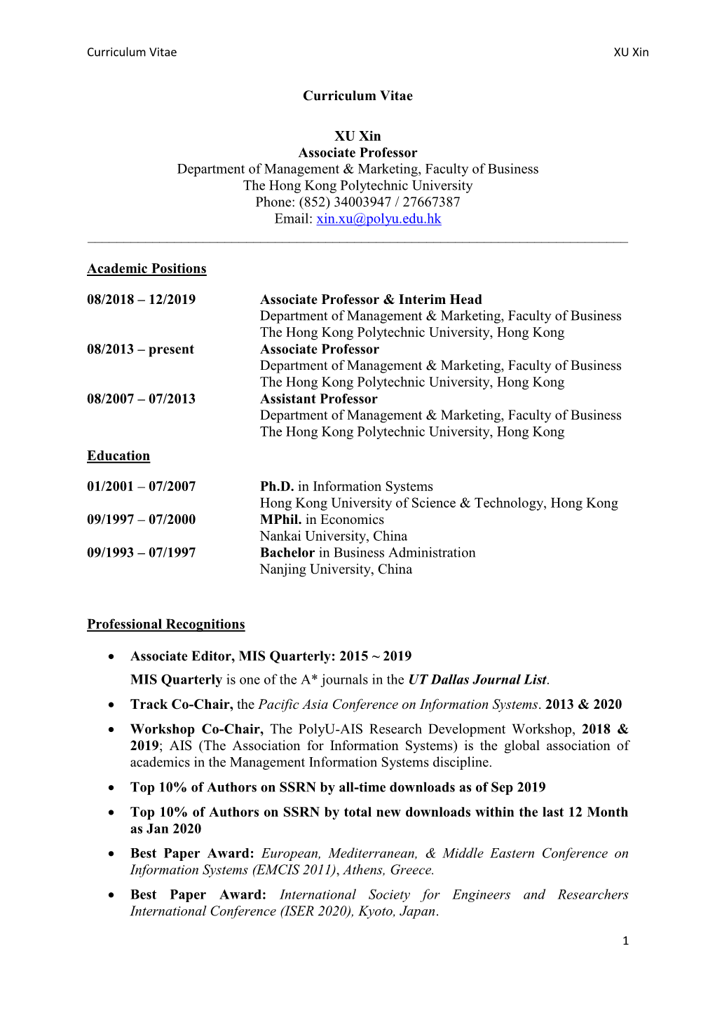 Curriculum Vitae XU Xin