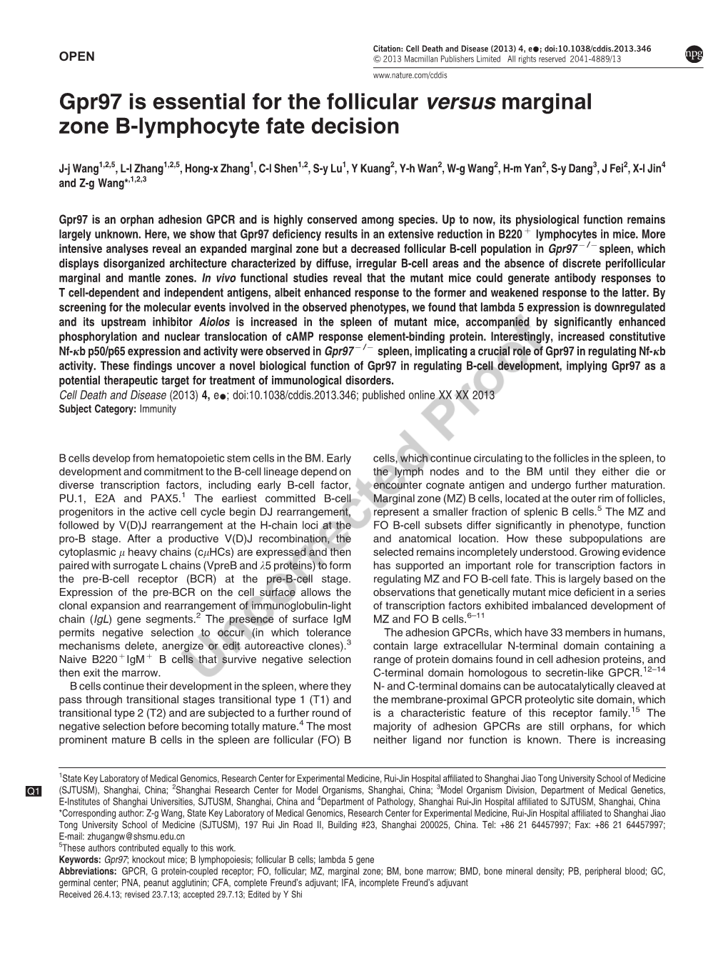 Gpr97 Is Essential for the Follicular Versus Marginal Zone B-Lymphocyte Fate Decision