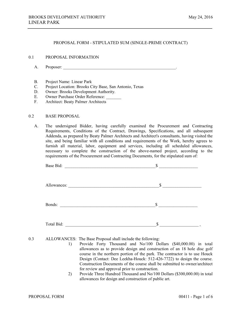 Section 00411 - Bid Form - Stipulated Sum (Single-Prime Contract)