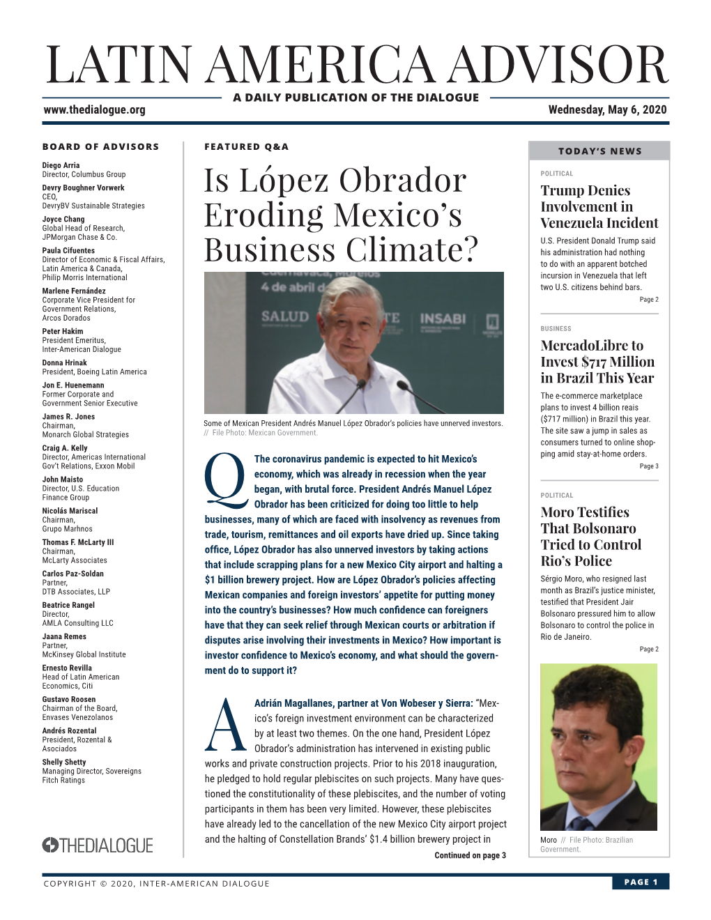 LATIN AMERICA ADVISOR a DAILY PUBLICATION of the DIALOGUE Wednesday, May 6, 2020