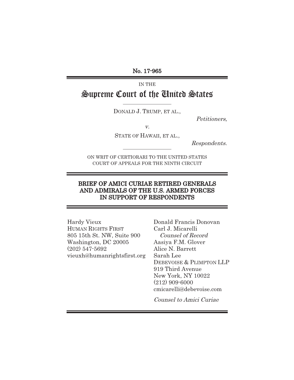 Brief Amici Curiae of Retired Generals and Admirals of the U.S. Armed Forces Filed