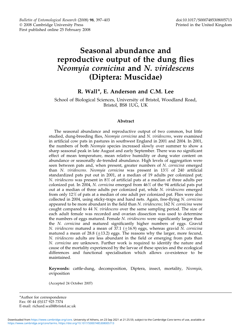Seasonal Abundance and Reproductive Output of the Dung Flies