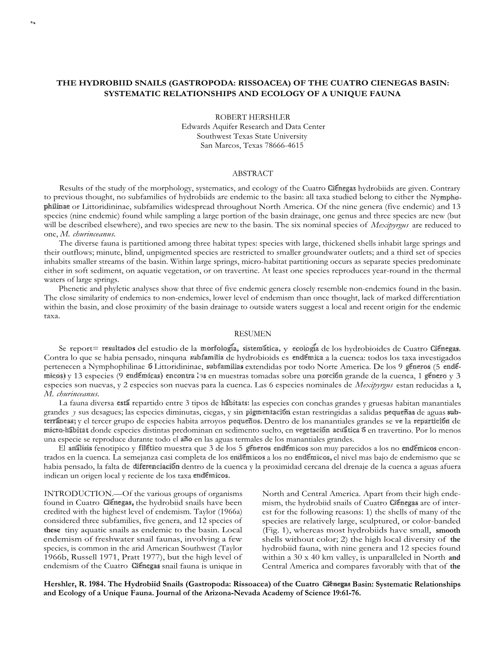 The Hydrobiid Snails (Gastropoda: Rissoacea) of the Cuatro Cienegas Basin: Systematic Relationships and Ecology of a Unique Fauna