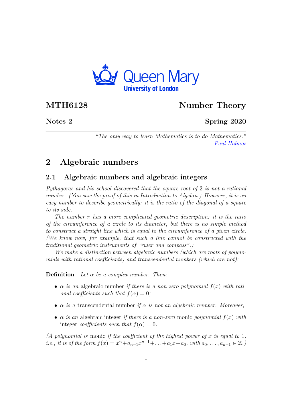 MTH6128 Number Theory 2 Algebraic Numbers