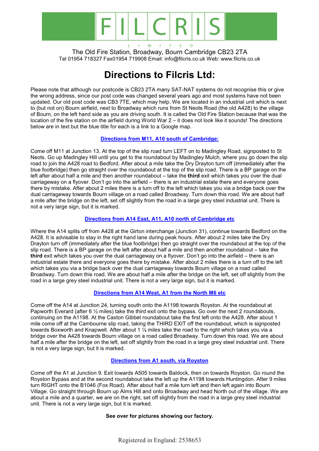 Directions to Filcris Ltd