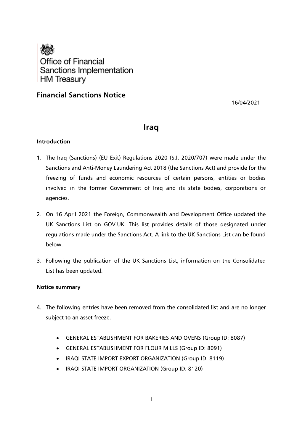 Financial Sanctions Update: Iraq