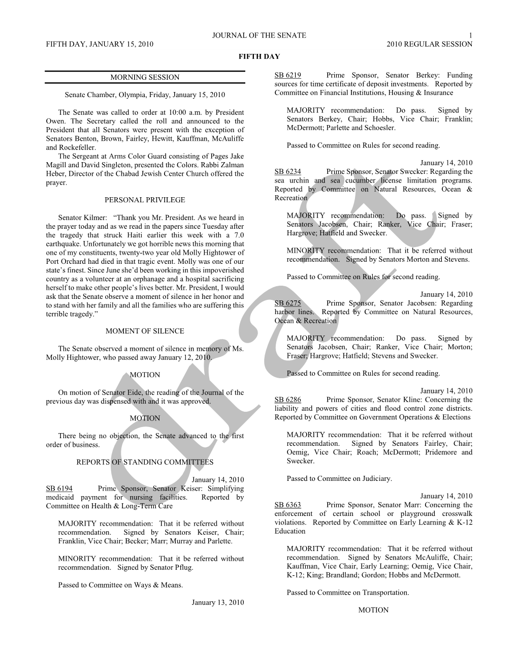 Journal of the Senate 1 Fifth Day, January 15, 2010 2010 Regular Session Fifth Day