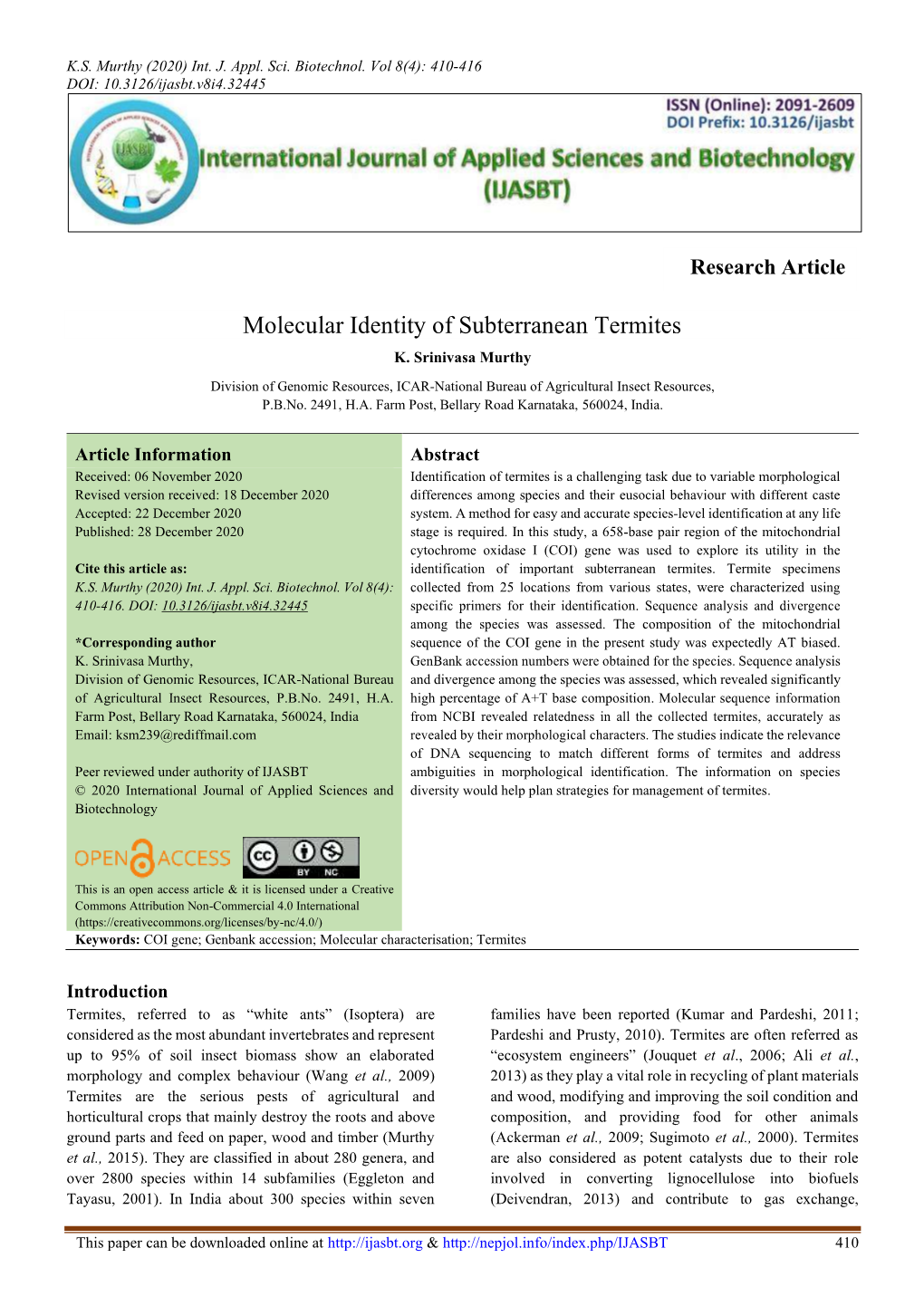 Molecular Identity of Subterranean Termites K