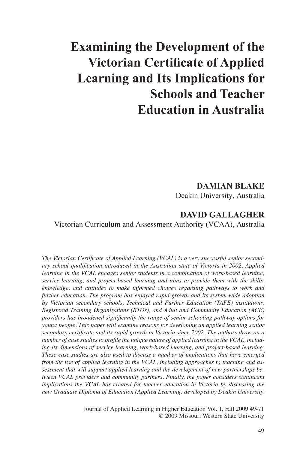 Examining the Development of the Victorian Certificate of Applied Learning and Its Implications for Schools and Teacher Education in Australia