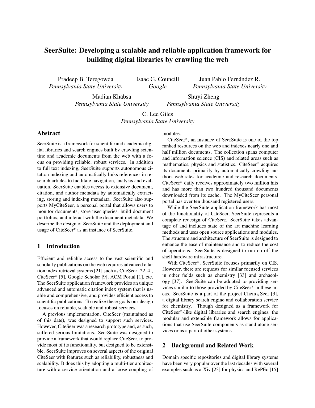 Seersuite: Developing a Scalable and Reliable Application Framework for Building Digital Libraries by Crawling the Web