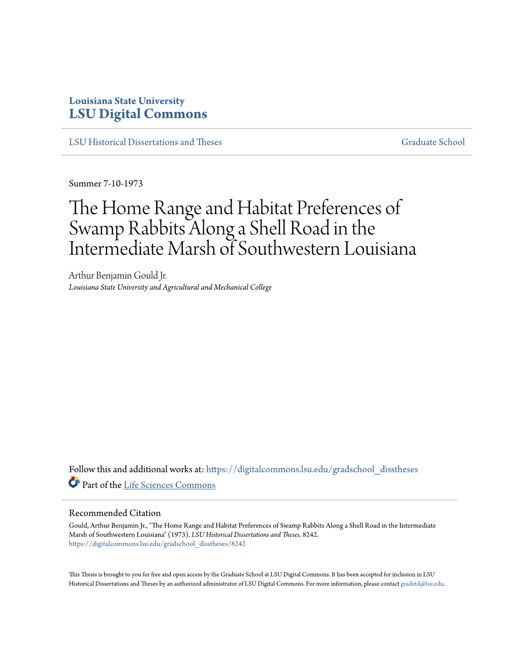 The Home Range and Habitat Preferences of Swamp Rabbits Along a Shell Road in the Intermediate Marsh of Southwestern Louisiana