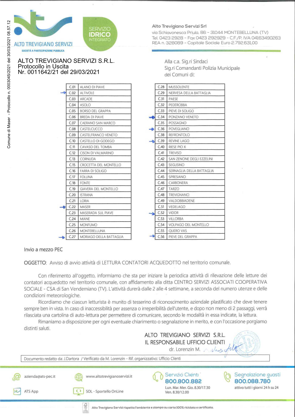 Idrico 800.800.882 Alto Trevigiano Servizi S.R.L