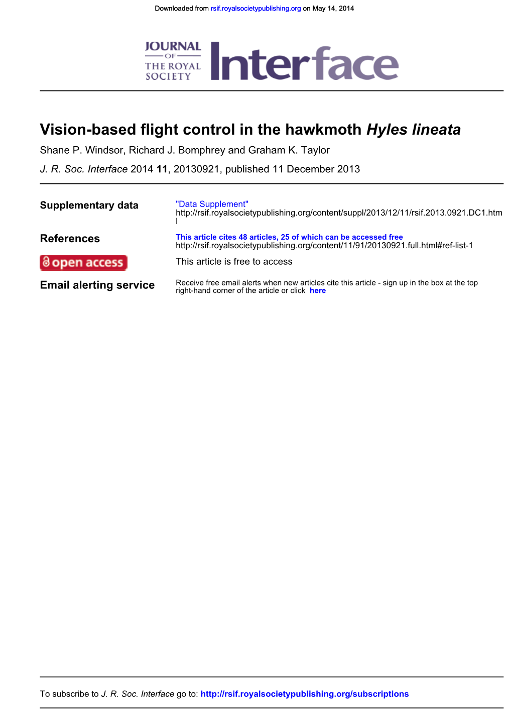 Hyles Lineata Vision-Based Flight Control in the Hawkmoth