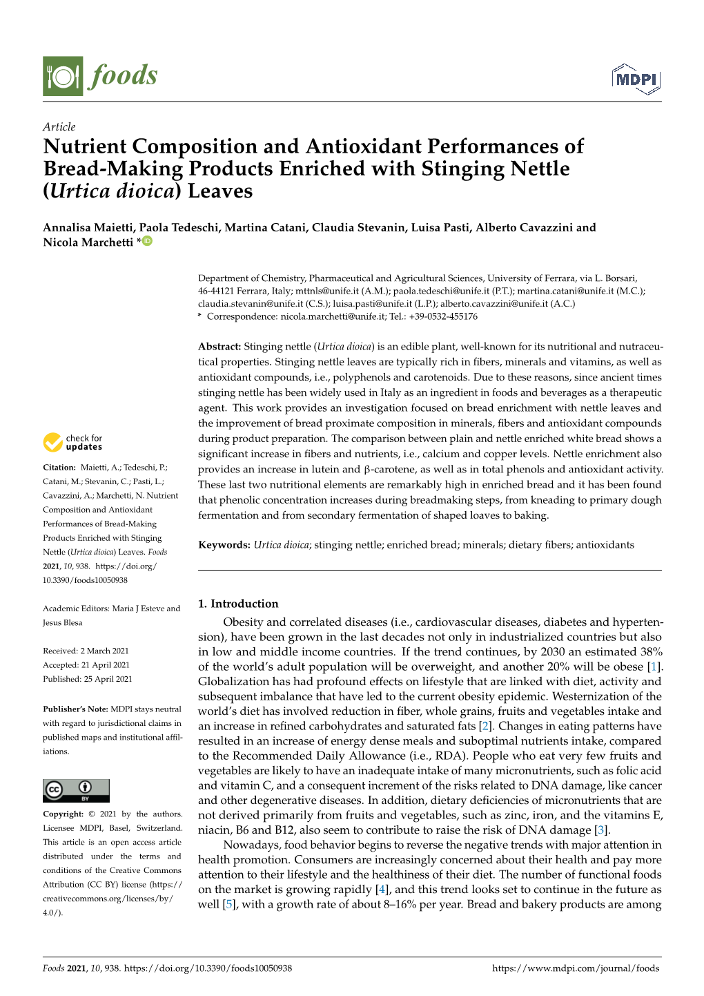 Nutrient Composition and Antioxidant Performances of Bread-Making Products Enriched with Stinging Nettle (Urtica Dioica) Leaves