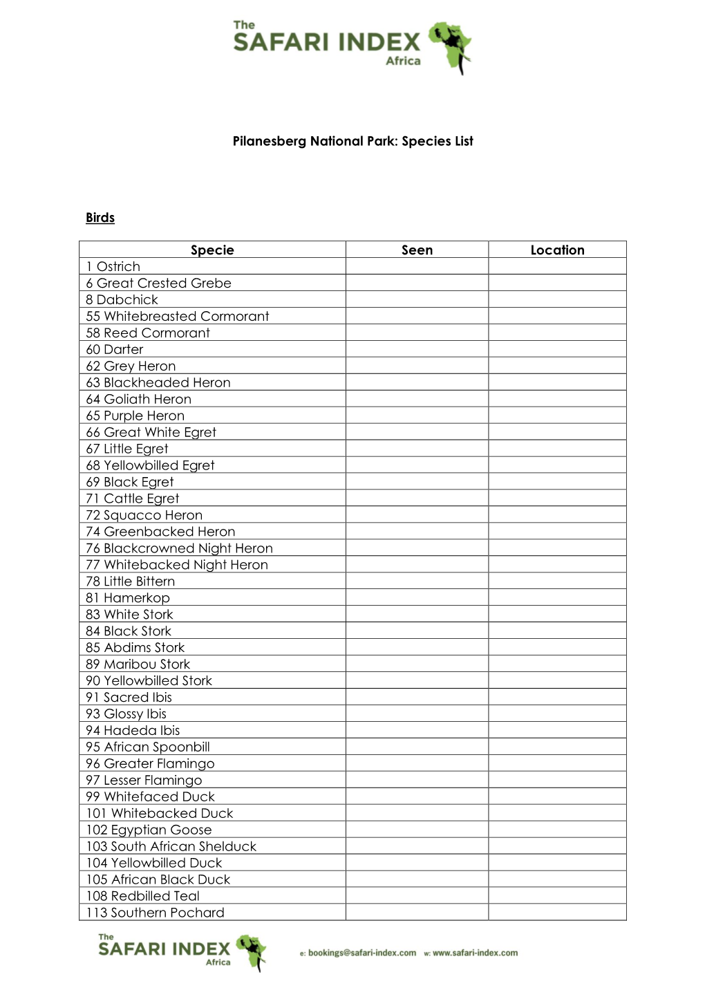 Pilanesberg National Park: Species List