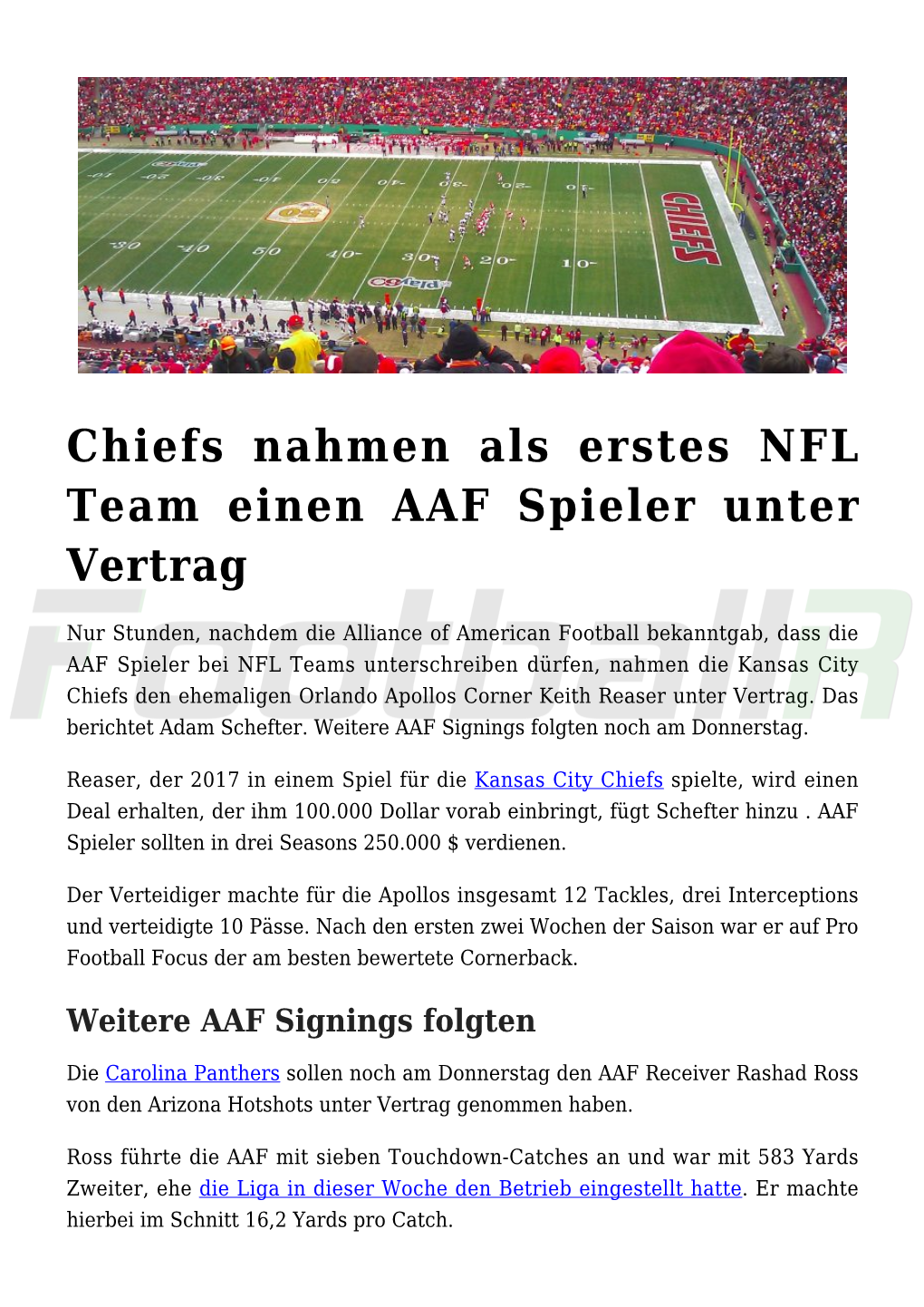 Chiefs Nahmen Als Erstes NFL Team Einen AAF Spieler Unter Vertrag