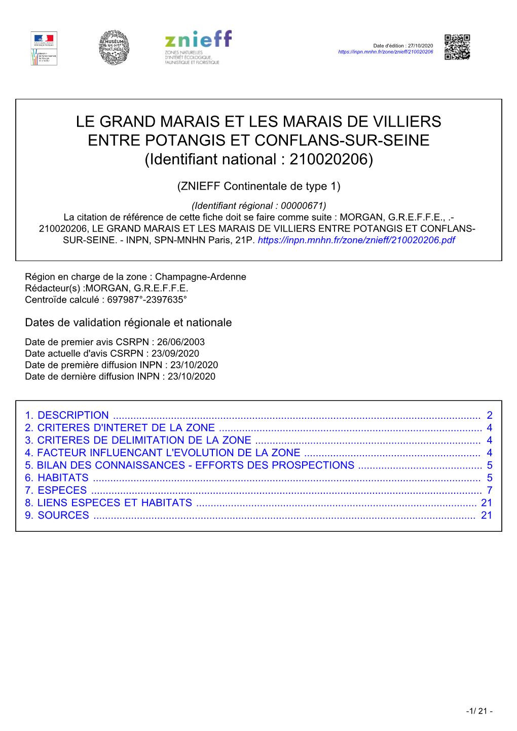 LE GRAND MARAIS ET LES MARAIS DE VILLIERS ENTRE POTANGIS ET CONFLANS-SUR-SEINE (Identifiant National : 210020206)