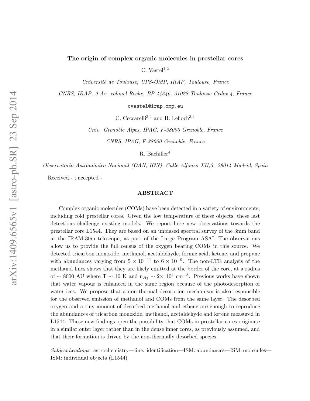 Arxiv:1409.6565V1 [Astro-Ph.SR] 23 Sep 2014 Bevtroato´Mc Ainl(A,IN.Clealfons Calle IGN)