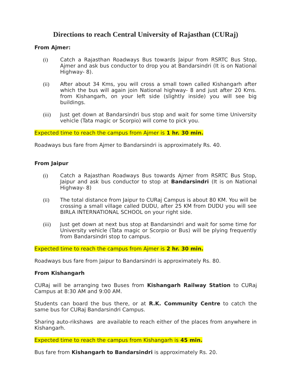 Directions to Reach Central University of Rajasthan (Curaj)