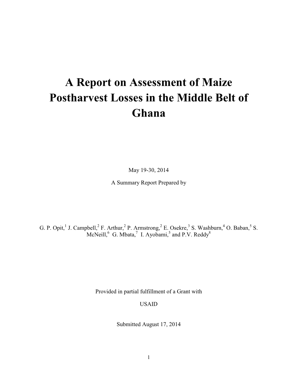 A Report on Assessment of Maize Postharvest Losses in the Middle Belt of Ghana