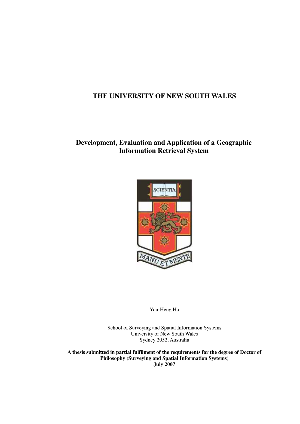 THE UNIVERSITY of NEW SOUTH WALES Development, Evaluation