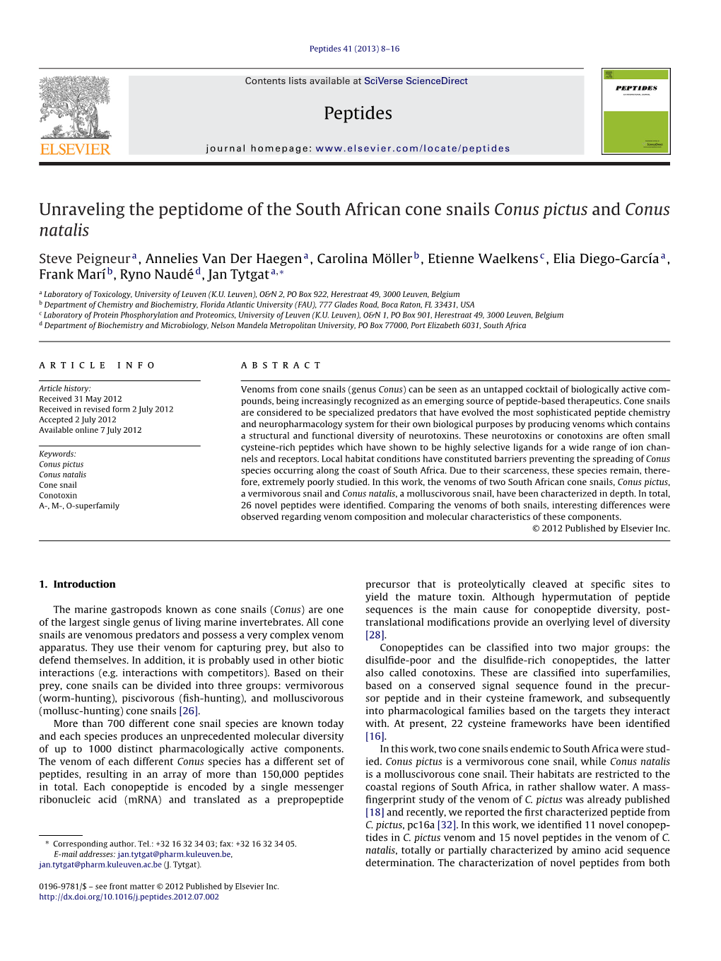 Unraveling the Peptidome of the South African Cone Snails Conus Pictus and Conus Natalis